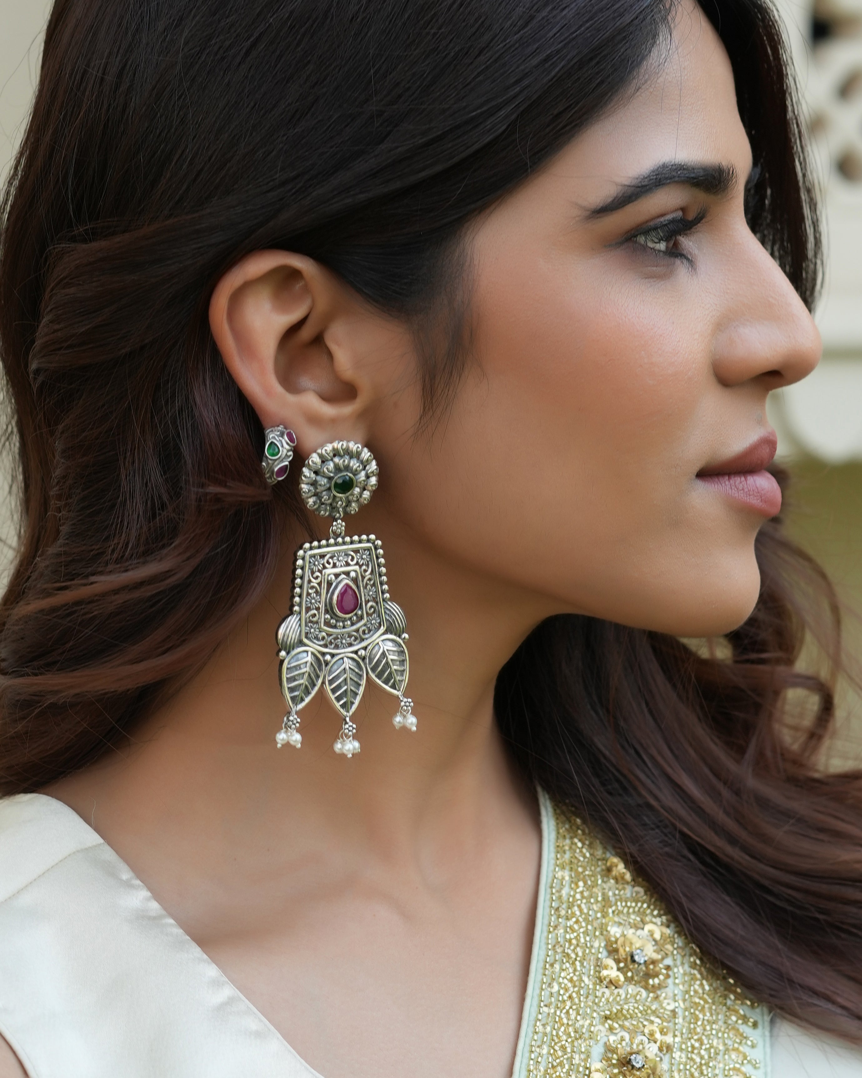 Oxidised Silver Danglers with Leaf & Floral Motifs